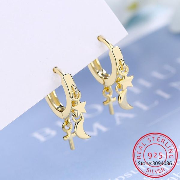 

hoop & huggie 925 sterling silver woman fashion jewelry simple star moon cross golden earrings, Golden;silver