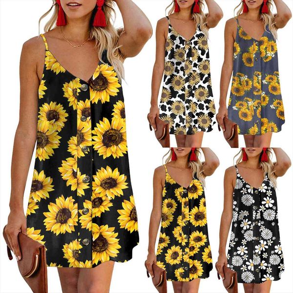 

summer sunflower sleeveless women dresses spaghetti strap button down v neck casual loose mini bohemian beach roupa, Black;gray