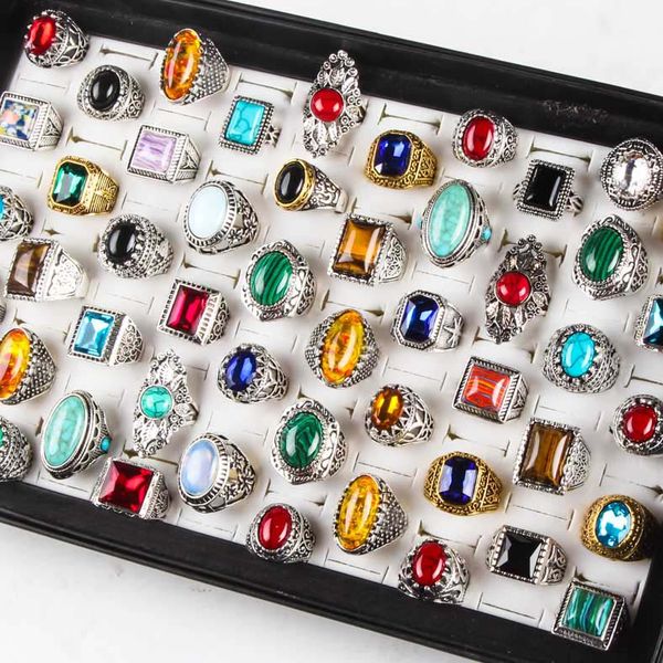 

new 50pcs/pack turquoise ring mens womens fashion jewelry antique silver vintage natural stone ring party gifts, Golden;silver