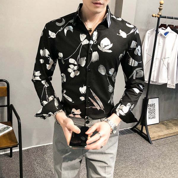 

2021 floral men's party shirts nightclub blouse long sleeve thin casual shirt streetwear tuxedo clothes ej13, White;black