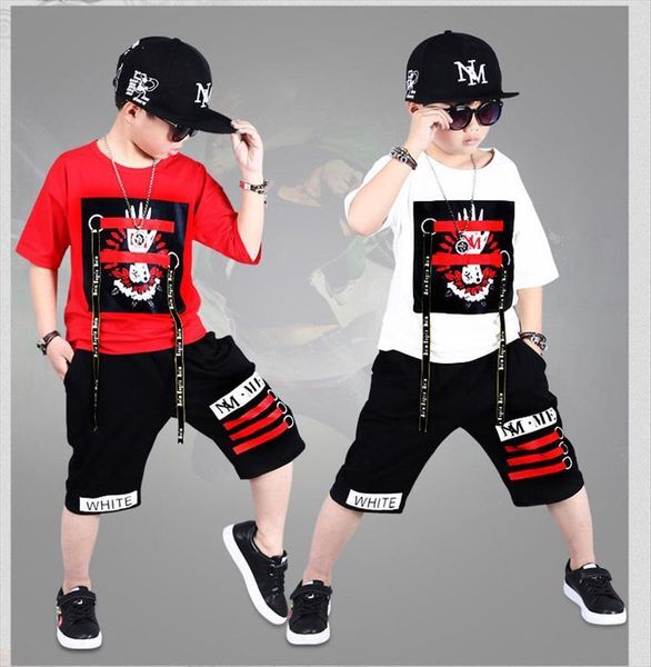 

2 pieces suit kids teenage boys clothing sets hip hop dancing sports tracksuits cotton t shirt shorts summer outfits, White