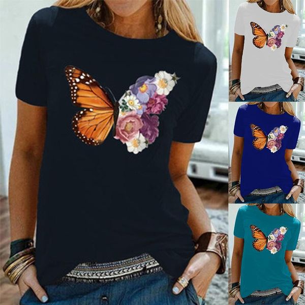 

2021 summer new women's fashion casual round neck butterfly flower combination cartoon multi-color short-sleeved t-shirt female, White