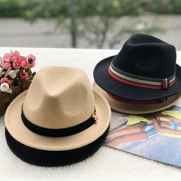 

stingy brim hats korean children's in autumn and winter men's jazz wool felt boys' woolen strength manufacturers, Blue;gray