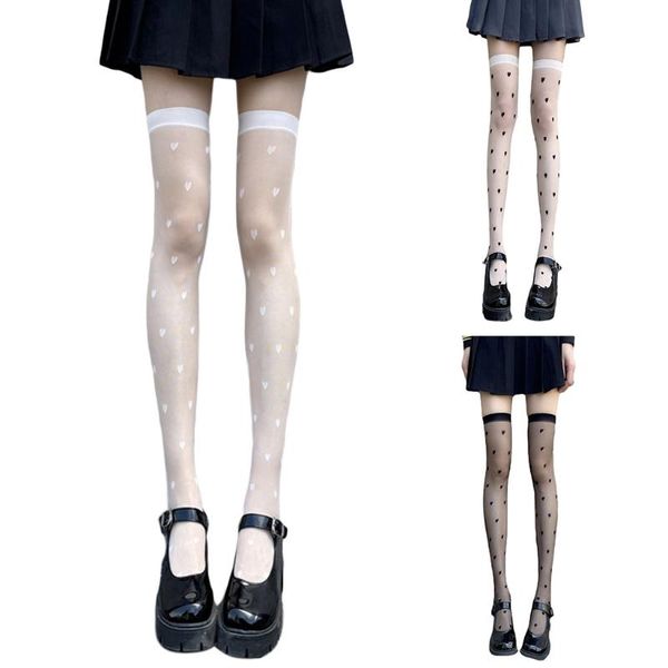 

socks & hosiery mxma women thigh high harajuku college style sweet heart love pattern lolita sheer silky over knee long stockings, Black;white