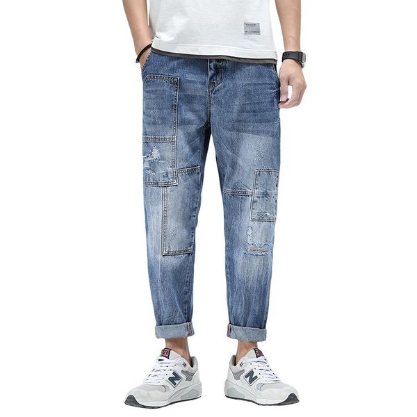 

men's jeans motorcycle men harem pants summer loose fit destroyed holes baggy streetwear ripped wide leg oversized, Blue