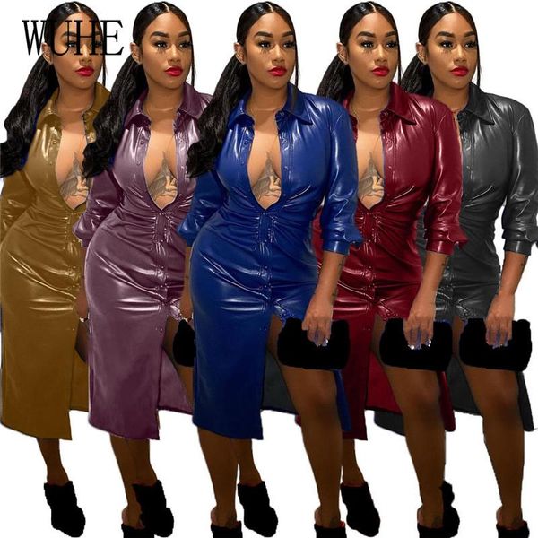 

casual dresses kexu faux pu leather dress long sleeve single breasted turn down collar skinng bodycon party clubwear street, Black;gray