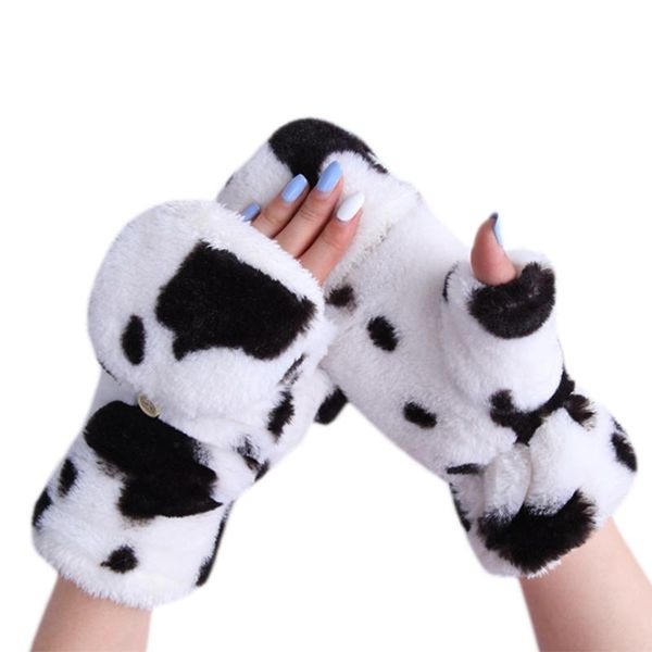 

sports gloves colored plush half finger with flip winter warm stretchy fuzzy mitten elastic mittens for driving, Black