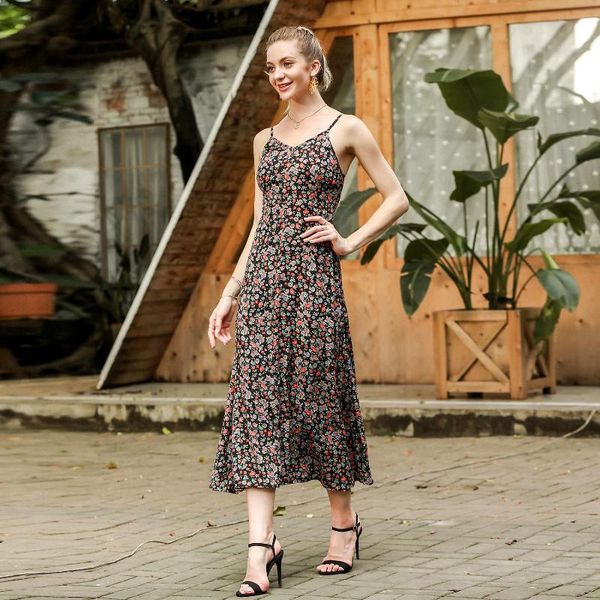 

casual dresses donsignet fashion women's dress summer v-neck pullover floral print self-cultivation suspender, Black;gray