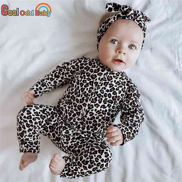Primavera outono nascido bebê menina conjunto de moda moda leopardo romper + headband infantis manga longa macacão 2 pcs roupas de criança 210816