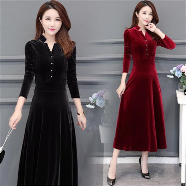 

elegant new spring and autumn large size slim slimming gold velvet fat mm women's long dress syhm, Black