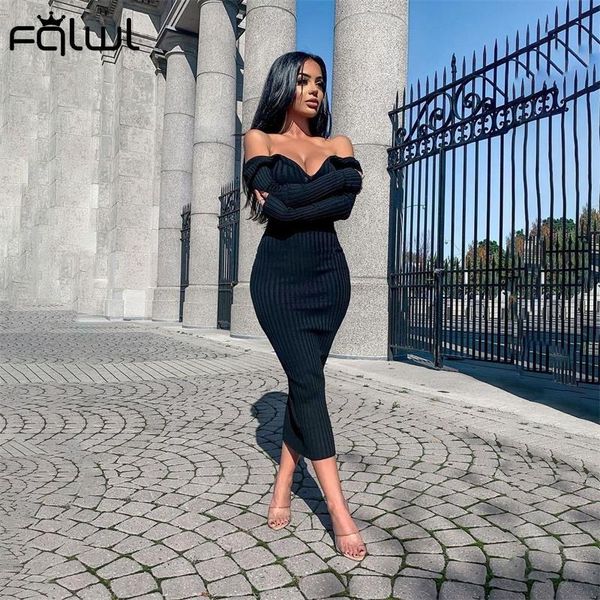 

casual dresses autumn ribbed black for women 2022 off shoulder long sleeve bodycon dress ladies white club maxi, Black;gray