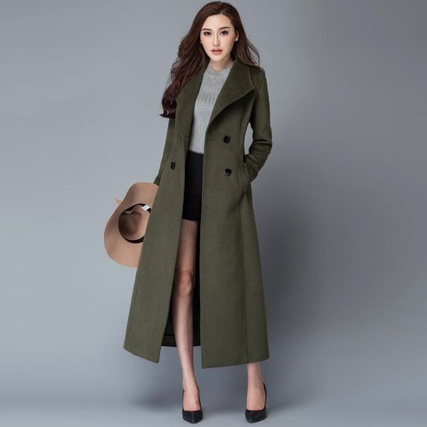 

women's wool & blends double breasted over the knee woolen coat female military style winter thick was thin cashmere warm coats with be, Black