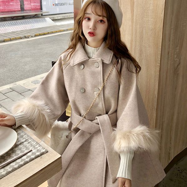 

2021 Top quality Winter Women Belt Blend Coat Elegant Lady Turn-down Collar Tweed Female Overcoat Fur Quarter Girl A-line Long Coa 4QGV, Black