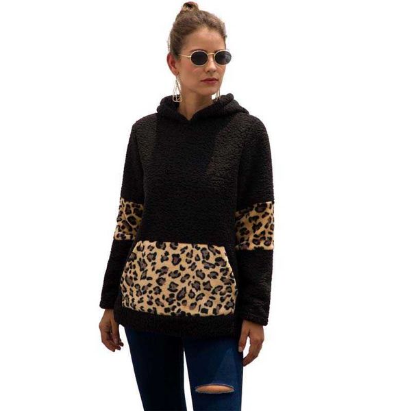 Herbst Winter Leopard Patchwork Tasche Langarm Plüsch Hoodies Frauen Streetwear Einfachheit Casual Lose Pullover Tops 210608