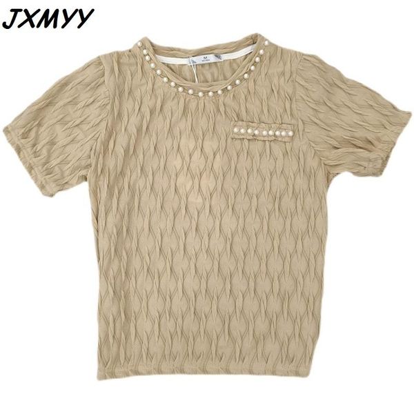 

women's t-shirt summer fashion temperament beaded pleated short-sleeved transparent lace shirt female korean version top, White
