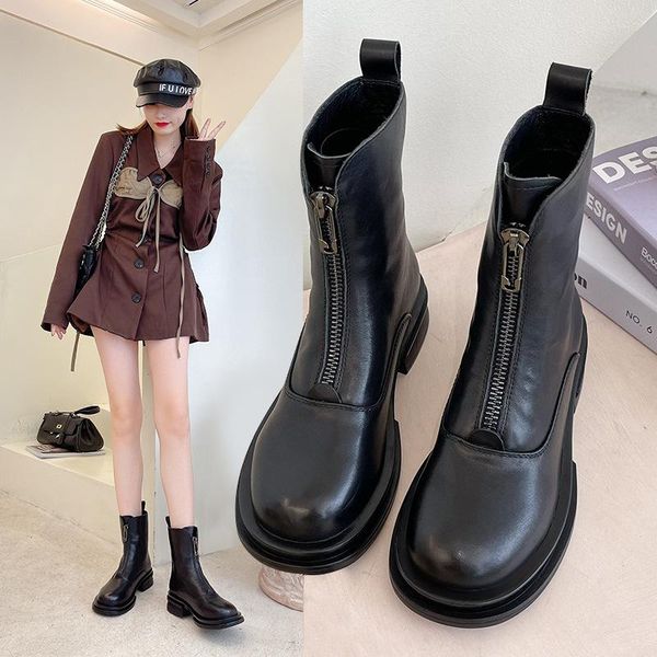 

boots layer cowhine woman autumn/winter front zipper black british style short leather