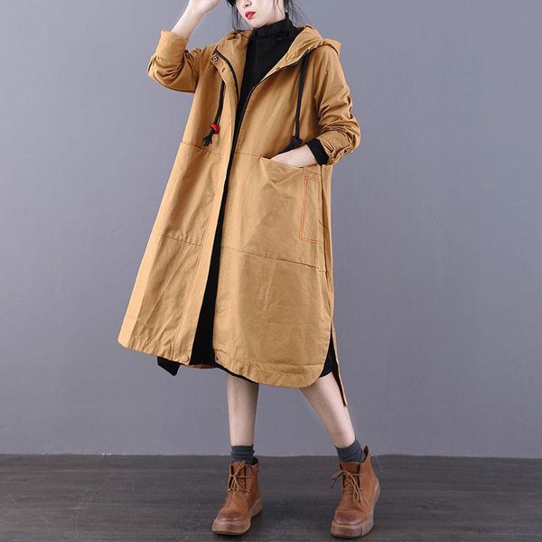 

women's trench coats spring autumn coat women long windbreaker korean fashion casual big pocket overcoat woman clothes outerwear r873, Tan;black