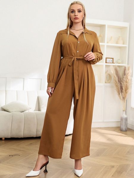 

plus solid belted wide leg jumpsuit i95a#, Black