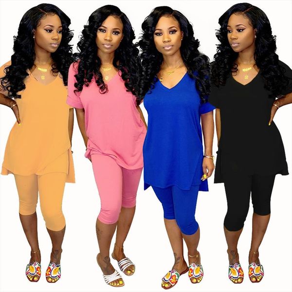 

leisure home two piece womens tracksuits v neck hem split short sleeve with tight fitting pencil pants suit wy6566, Gray