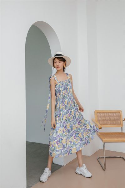 

2021 new spaghetti strap long summer floral ruched flowy slip women a line casual backless loose midi 4nex, Black;gray