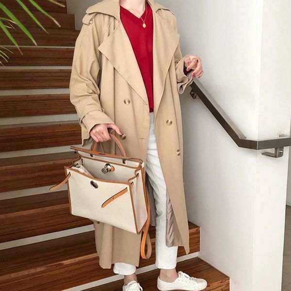 

Women 2021 Korean Double-breasted Trench Coat Casual Turn-down Collar Loose Long Windbreaker Female Chic Outwear New Q71Z, Tan;black