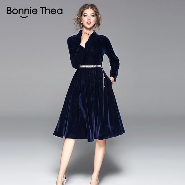 

casual dresses bonnie thea autumn winter women blue velvet dress fashion warm elegant lady evening party vestidos 2021, Black;gray