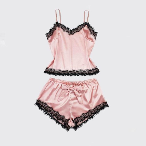 

yoga outfit summer satin pajamas set silk sleepwear v-neck lace ladies underwear suspender shorts transparent home service