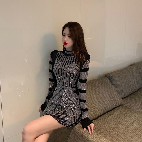 

shiny diamond women's chic european clothes long sleeve suit new fall winter 2 piece set high neck t-shirt + skirt, White