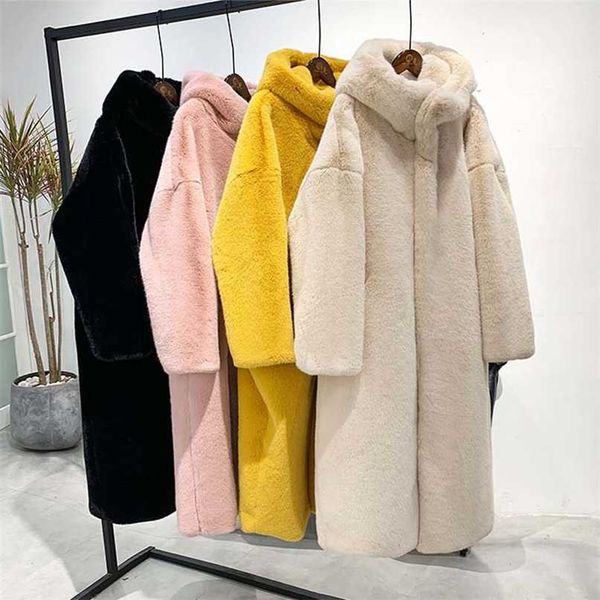 

luxury faux fur coat women winter fashion fake mink loose thick warm outerwear hooded long artificial overcoat 211220, Black