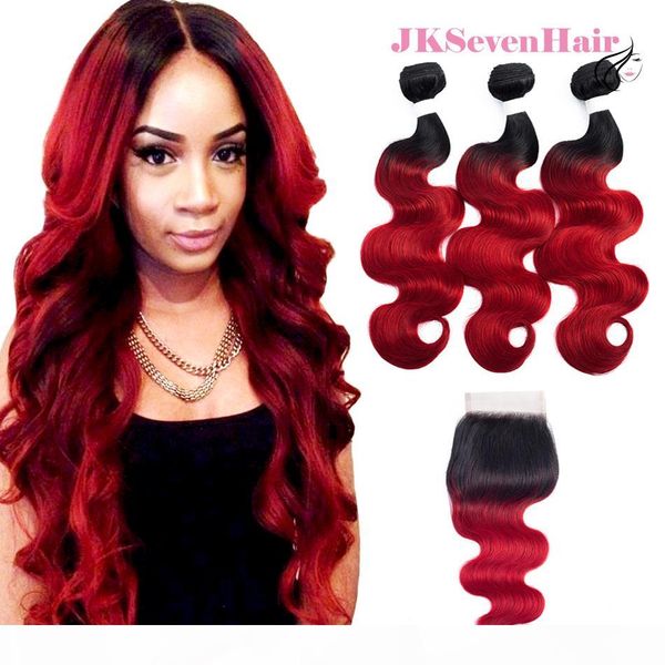 

1b red body wave peruvian virgin human hair extension 3pcs with 4x4inch lace closure two tone red brazilian malaysian indian remy hair wefts, Black