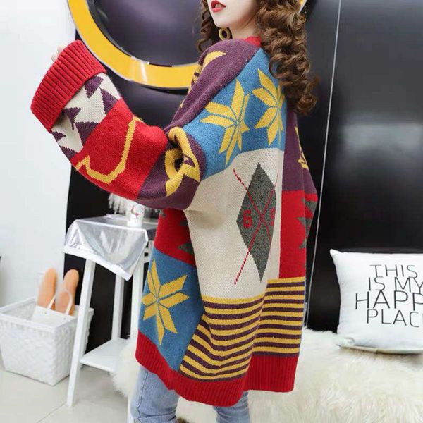 

20212020 korean loose net red thick coat new knitted cardigan lazy wind autumn winter sweater print women, White;black