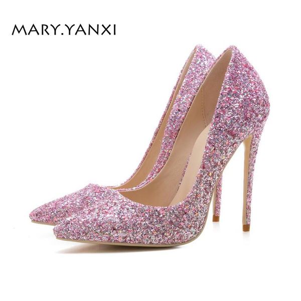 

women pumps bling thin heels 12cm pointed toe fashion women shoes for party wedding basic pumps pink shoes, Black