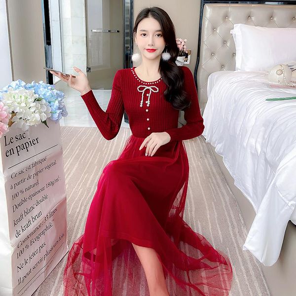 

casual dresses korean style long sleeve knitted dress women patchwork beaded bow pearl fashion sequin ladies womens tulle, Black;gray