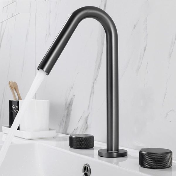 

bathroom sink faucets minimalist design solid brass gun gray basin faucet deck mounted 3 hole double handle cold water tap