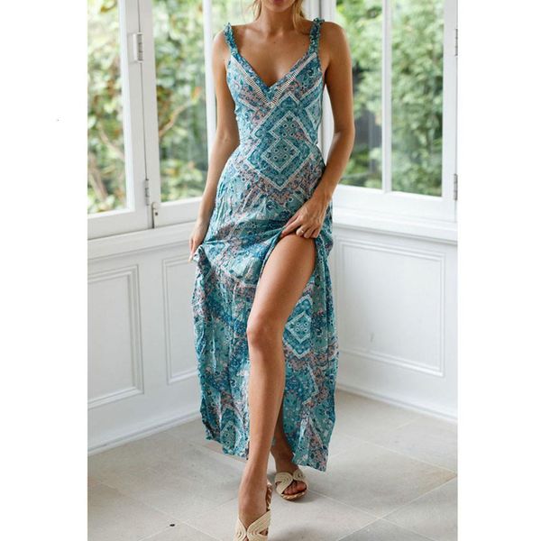 

38# women summer long dress evening party beach dresses sundress tie-up waist open-forked printed dress summer 2021, Black;gray