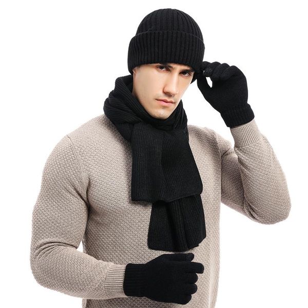 

hats, scarves & gloves sets 2021 autumn winter men's warm suit mixed color knitted wool thickened hat scarf three pieces, Blue;gray