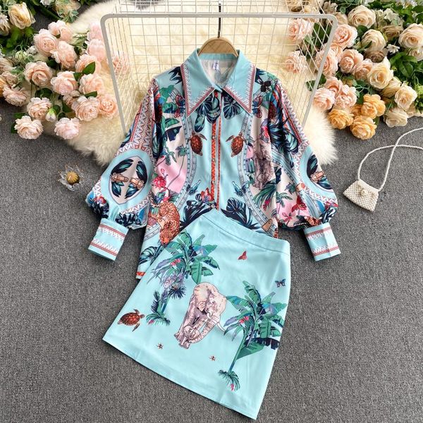 

2021 spring new lapel puff sleeve shirt + high waist slim skirt retro print set, White