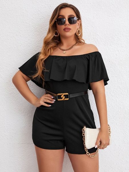 

plus off shoulder ruffle trim romper without belt o6na#, Black