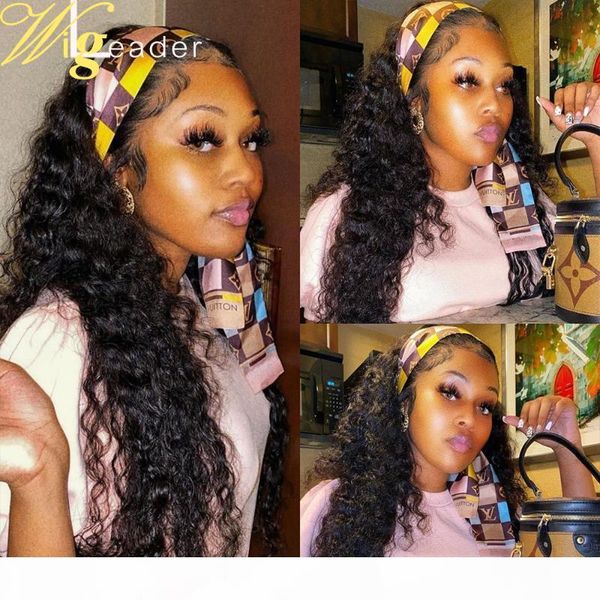 

wigleader remy human hair headbands wigs 200% density water wave hair wigs bands women, Black;brown