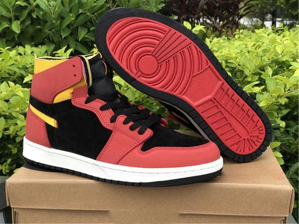 

genuine jumpman 1 men's basketball shoes, red upper, black and yellow color matching sports shoelace shoe box, full size 40--46w750