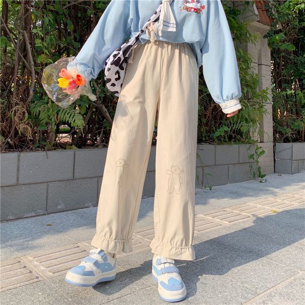 

thin cartoon bear embroidered casual elastic waistline beautiful frilly smooth japanese straight soft kawaii girl loose pants pfll, Black;white