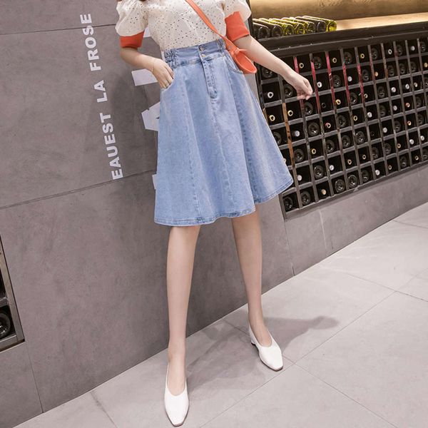

hip hop length 2021 summer new mid denim high waist female a-line pleated puffy fairy anti light skirt k, Blue