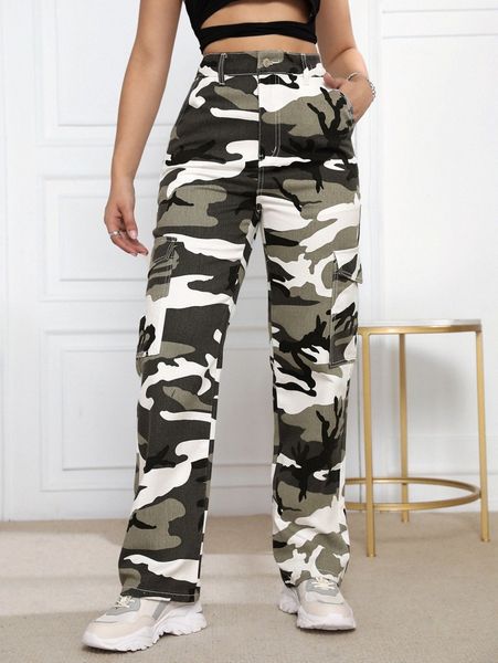 

high waist camo print cargo jeans w5fu#, Blue