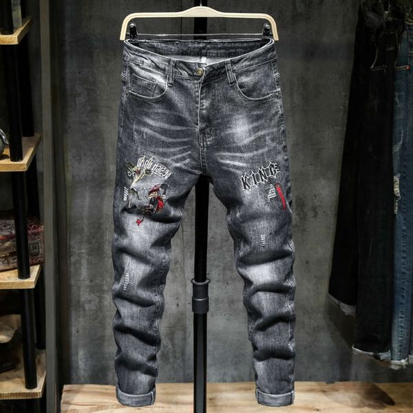 

china fashion brand embroidered jeans men's autumn hole slim trend versatile casual elastic leg pants, Blue