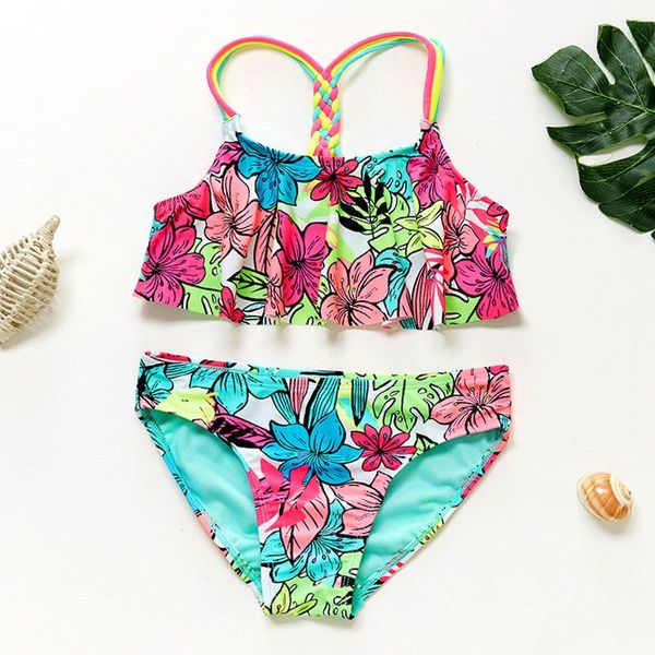 

one-pieces summer guick-drying girls front chest printed ruffled split children's swimsuit bikini girl beach bathing suit, Black