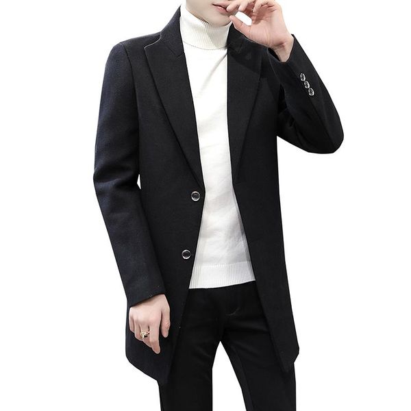 

2021 casual fashion slim fit long jacket coat single breasted men business wool blends trench warm woolen overcoat windbreaker, Black