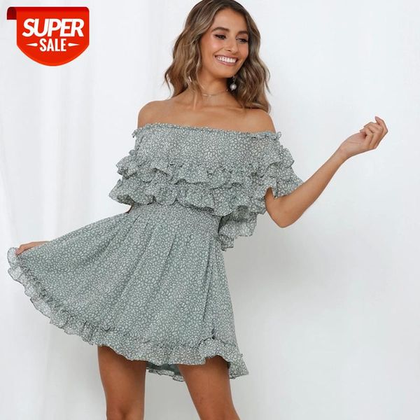 

2021 women printed chiffon mini dress off-the-shoulder layered short sleeve patchwork female short dresses spring ladies dress #eb52, Black;gray