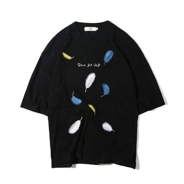 

men's t-shirts yaffa tamin men t-shirt summer 2021 o-neck feather design half sleeves casual tees print cotton black, White;black