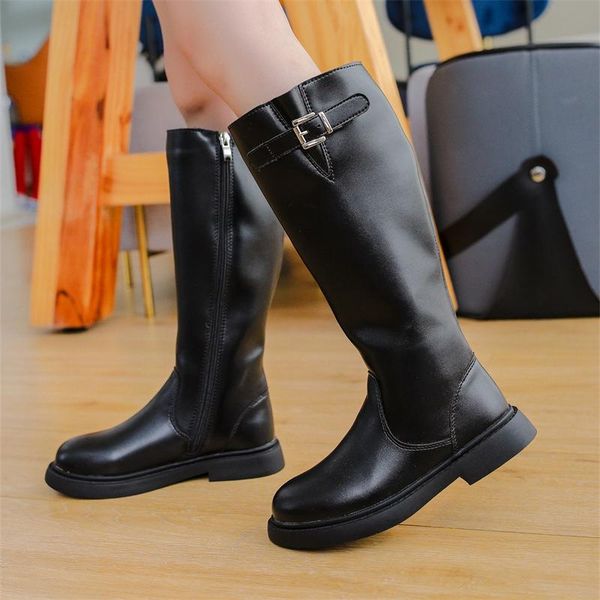 

boots girls genuine leather casual comfortable flat kids mid-calf long botas spring autumn winter children martinboots shoes, Black;grey