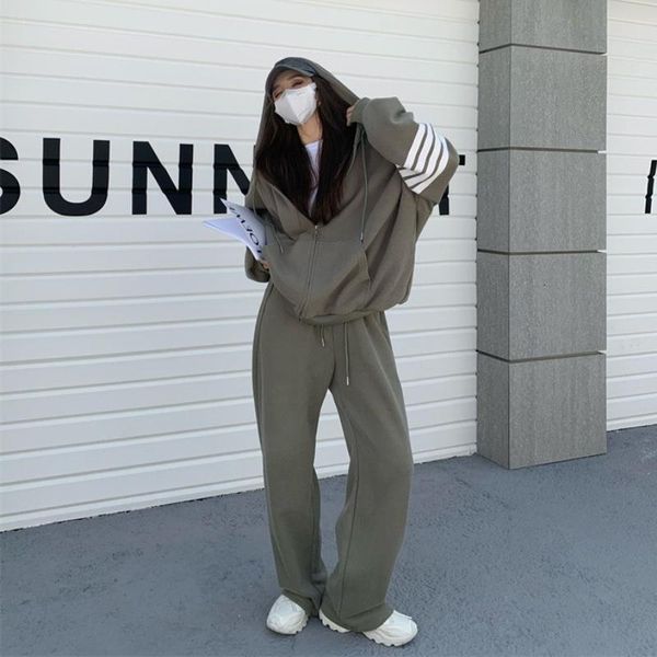 

women's two piece pants autumn sportswear 2 set solid tracksuit loose cotton zipper hoodie sweatpants suit shorts female outfit, White